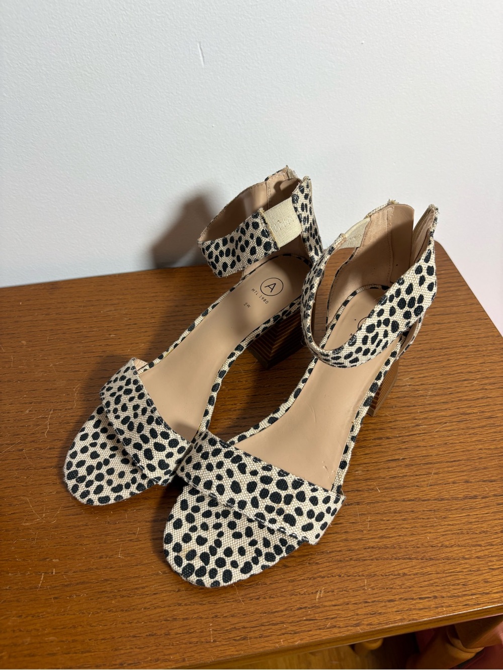 -Print Ankle Strap Block Heels - Black & Cream
